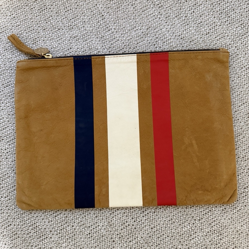 Clare V. Camel Nubuck Stripe Flat Zipper Clutch Pouch